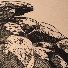 In-process image of Balancing Boulders, White Tank Mountains. This detail of the printed block will have to do until the ink dries and I can get a good scan.